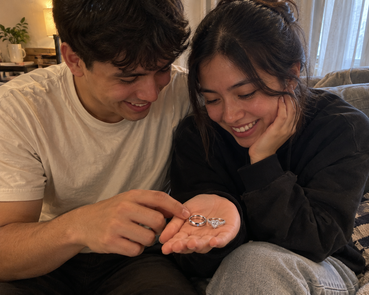 Escena ilustrativa: una pareja comparte un par de anillos.