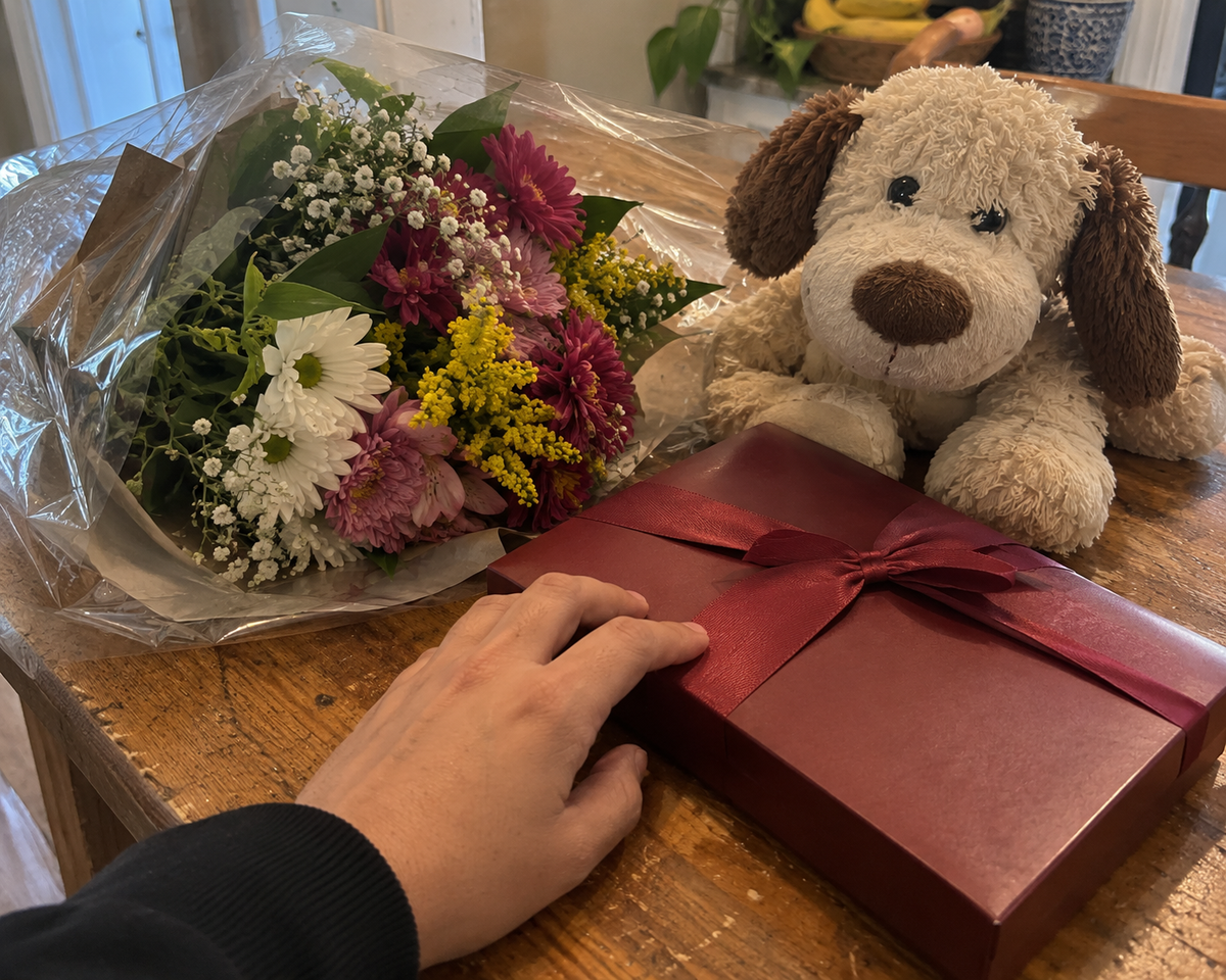Escena ilustrativa: flores, chocolates y un peluche sobre una mesa de casa.